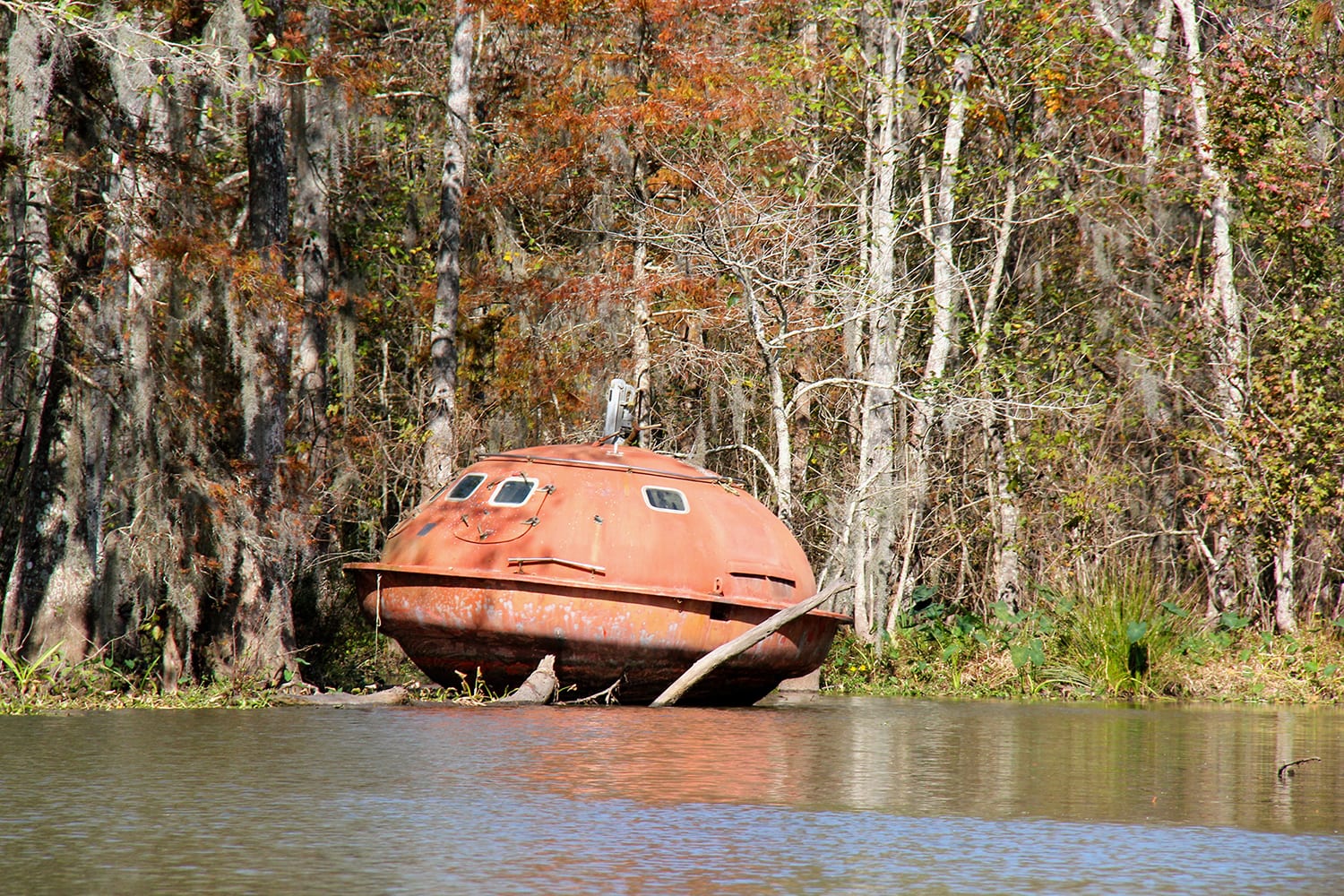 An abandoned hurricane pod resembles a wayward UFO